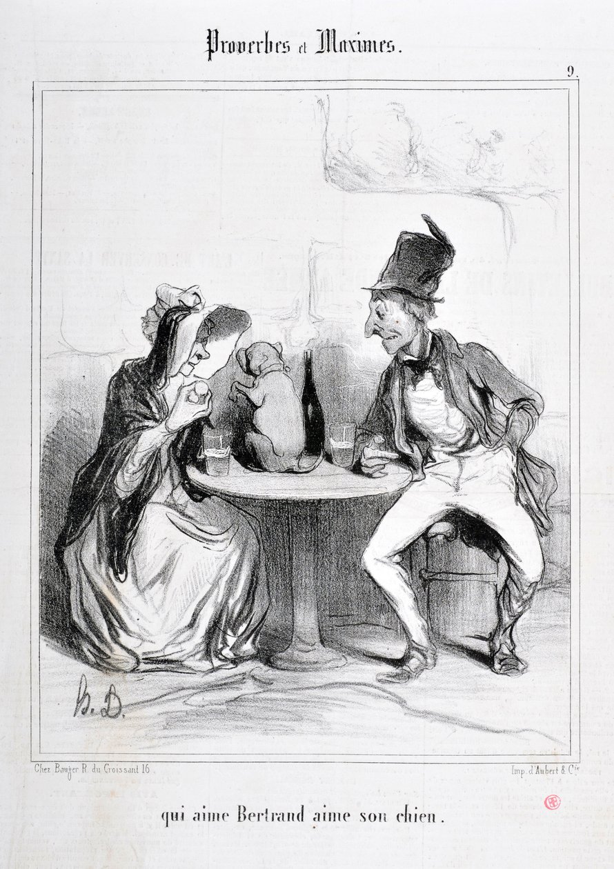 عمل فني من قبل هونور دومير (1808-1879). يعود تاريخ Charivari إلى عام 1840: Serie PROVERBS ET MAXIMES "" الذي يحب Bertrand يحب كلبه "" MUSEE DES BEAUX ARTS - PALAIS LONGCHAMP ، MARSEILLE بواسطة الشرف دومييه