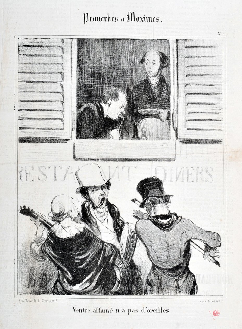 عمل فني من قبل هونور دومير (1808-1879). يعود تاريخ Charivari إلى عام 1840: Serie PROVERBS ET MAXIMES "" الجوع في البطن ليس له آذان "" "MUSEE DES BEAUX ARTS - PALAIS LONGCHAMP ، MARSEILLE بواسطة الشرف دومييه