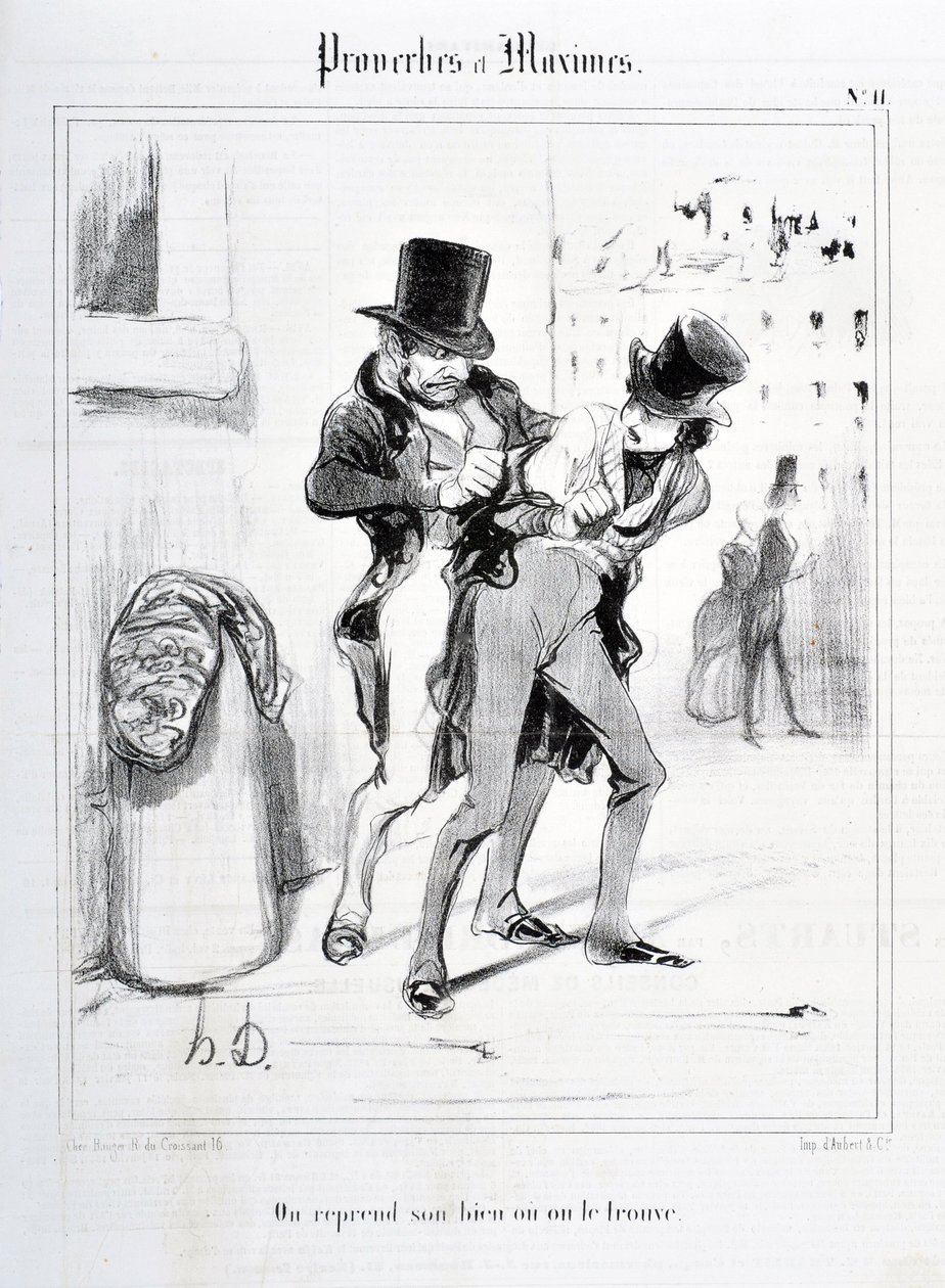 عمل فني من قبل هونور دومير (1808-1879). يعود تاريخ Charivari إلى عام 1840: Serie PROVERBES ET MAXIMES "" نستأنف ممتلكاتنا أو نجدها "" MUSEE DES BEAUX ARTS - PALAIS LONGCHAMP ، MARSEILLE بواسطة الشرف دومييه