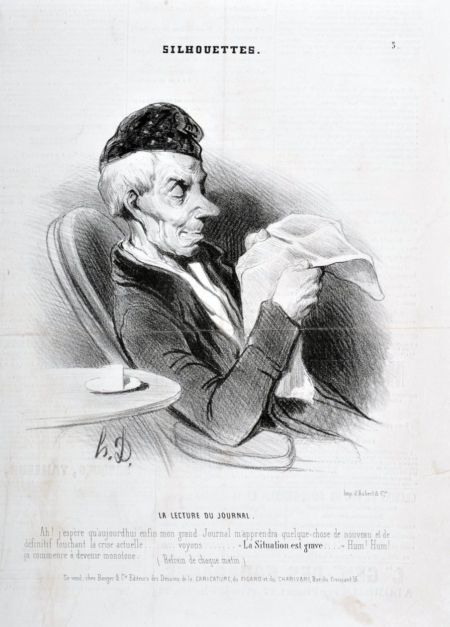 عمل فني من قبل هونور دومير (1808-1879). يعود تاريخ Charivari إلى عام 1840: سلسلة SOUXETTES "" قراءة الجريدة "MUSEE DES BEAUX ARTS - PALAIS LONGCHAM بواسطة الشرف دومييه