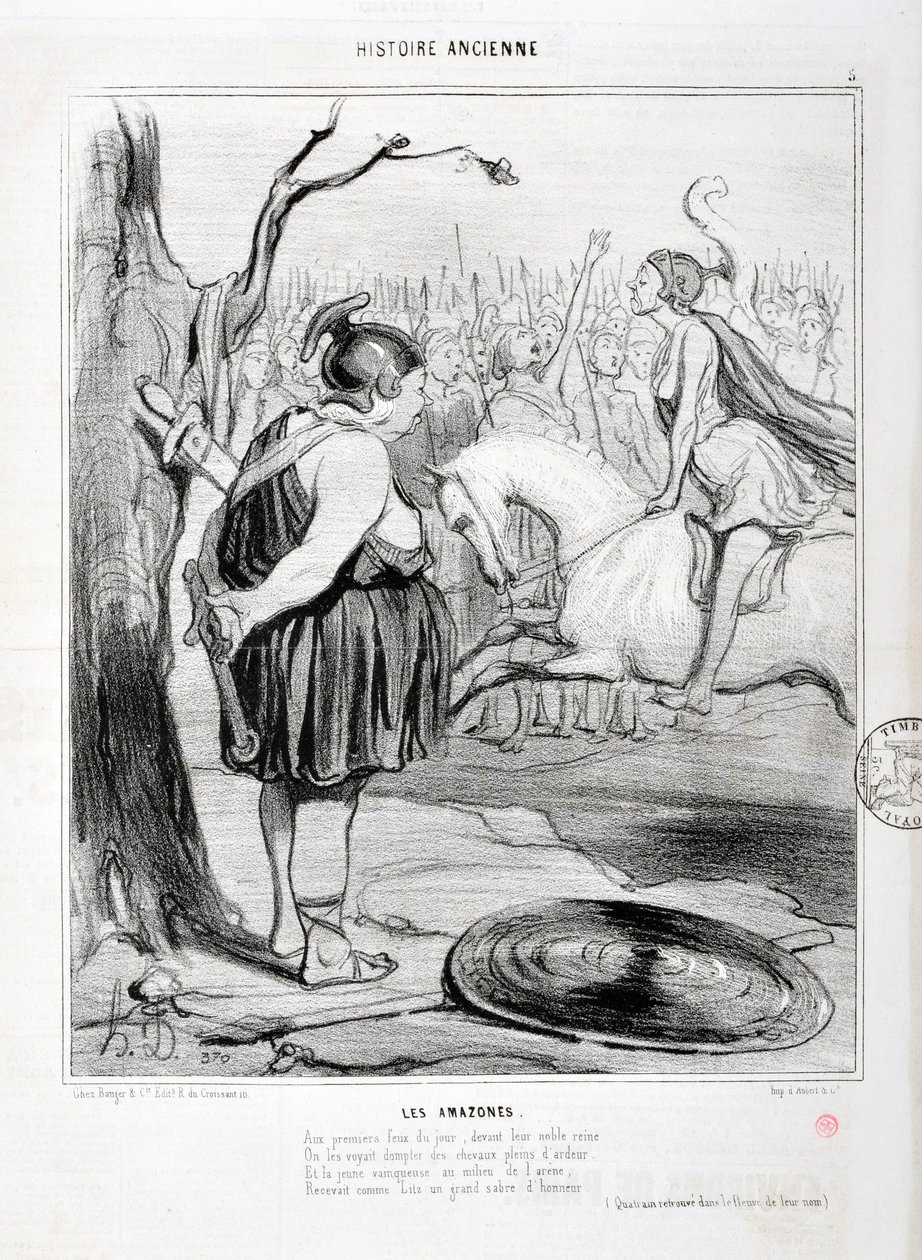 العمل الفني من قبل Honore Daumier (1808-1879) يعود تاريخ Charivari إلى عام 1842: Serie HISTORIE ANCIE Les Amazones. "" في أول حريق في ذلك اليوم ، قبل ملكتهم النبيلة ، شوهدوا يروضون خيولًا مليئة بالحماسة. واستقبل الشاب الفائز في منتصف الساحة بواسطة الشرف دومييه