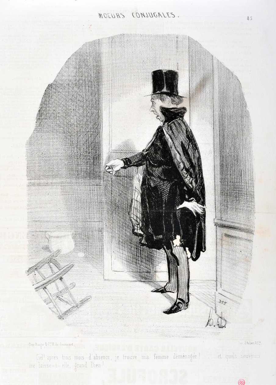 عمل فني من قبل هونور دومير (1808-1879). يعود تاريخ Charivari إلى عام 1842: Serie MORES CONJUALES "" الجنة بعد ثلاثة أشهر من الغياب أجد زوجتي demenagee وما هي الذكريات التي أغسلها إلهها العظيم! "" متحف الفنون الجميلة - قصر لونغ تشامب ، م بواسطة الشرف دومييه
