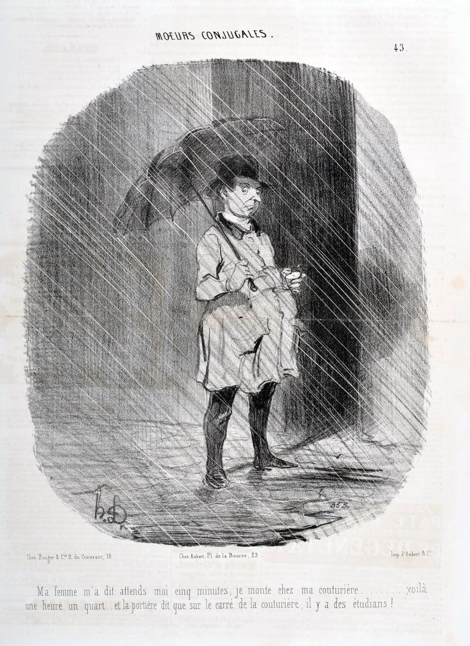 عمل فني من قبل هونور دومير (1808-1879). يعود تاريخ Charivari إلى عام 1842: Serie MORES CONJUALES "" أخبرتني زوجتي انتظرني خمس دقائق قبل أن أصعد إلى couturiere قبل ساعة واحدة وربع الباب يقول إنه يوجد طلاب في ساحة couturiere! " بواسطة الشرف دومييه