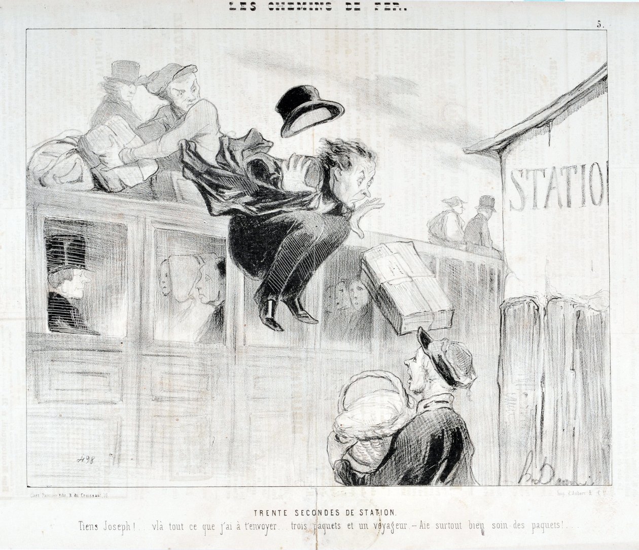 عمل فني من قبل هونور دومير (1808-1879). يعود تاريخ Charivari إلى عام 1843: Serie LES Chemins de fer ثلاثون ثانية من محطة "" -Tiens Joseph! vla كل ما يجب أن أرسله لك ... ثلاث حزم ومسافر - قبل كل شيء رعاية الحزم "MUSEE DES BEAUX ART بواسطة الشرف دومييه