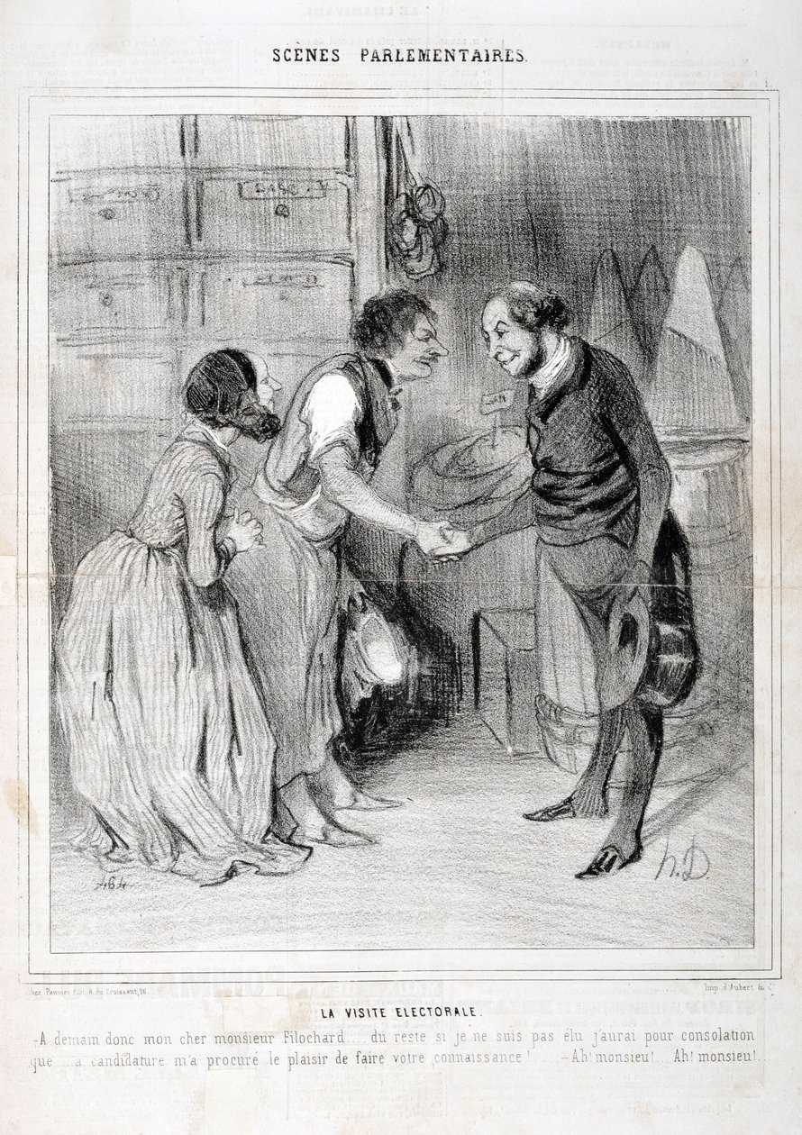عمل فني من قبل هونور دومير (1808-1879). يعود تاريخ Charivari إلى عام 1843: Serie SCENES PARLIAMENTARY. زيارة الانتخابات. متحف الفنون الجميلة - قصر لونغ تشامب ، مارسيلي بواسطة الشرف دومييه