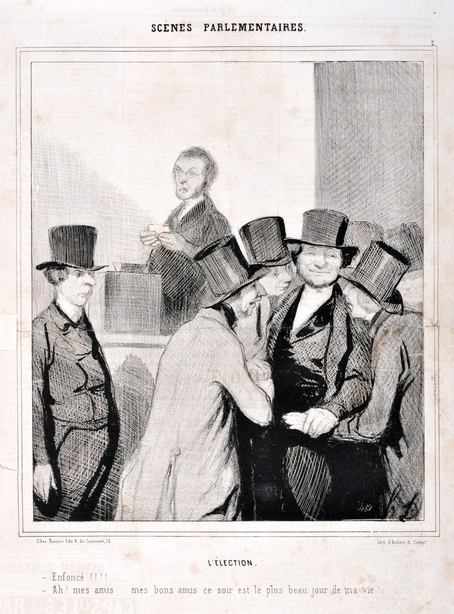 عمل فني من قبل هونور دومير (1808-1879). يعود تاريخ Charivari إلى عام 1843: Serie SCENES PARLIAMENTARY. الانتخابات "" تسبح !!! "آه يا أصدقائي أصدقائي المقربين الليلة هي أكثر يوم في حياتي!" متحف الفنون الجميلة - قصر لونغ تشامب ، مارسيلي بواسطة الشرف دومييه