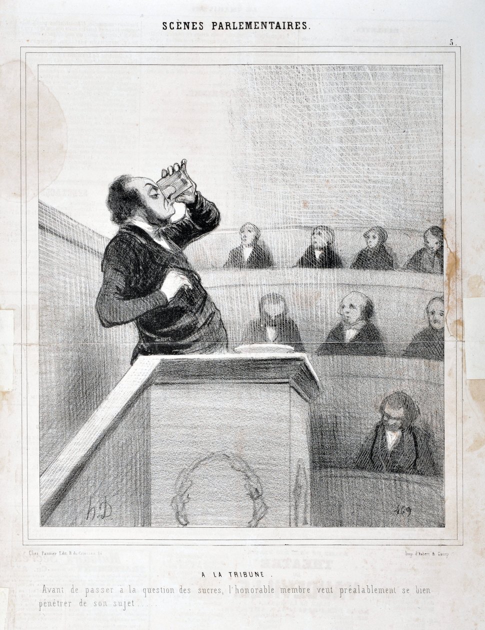 عمل فني من قبل هونور دومير (1808-1879). يعود تاريخ Charivari إلى عام 1843: Serie SCENES PARLIAMENTARY. في معرض الصور - قبل الانتقال إلى مسألة السكريات ، تفضل بقبول فائق التقدير والاحترام. يريد العضو التفكير جيدًا في موضوعه "" MUSEE DES BEAUX ARTS - PALAIS  بواسطة الشرف دومييه