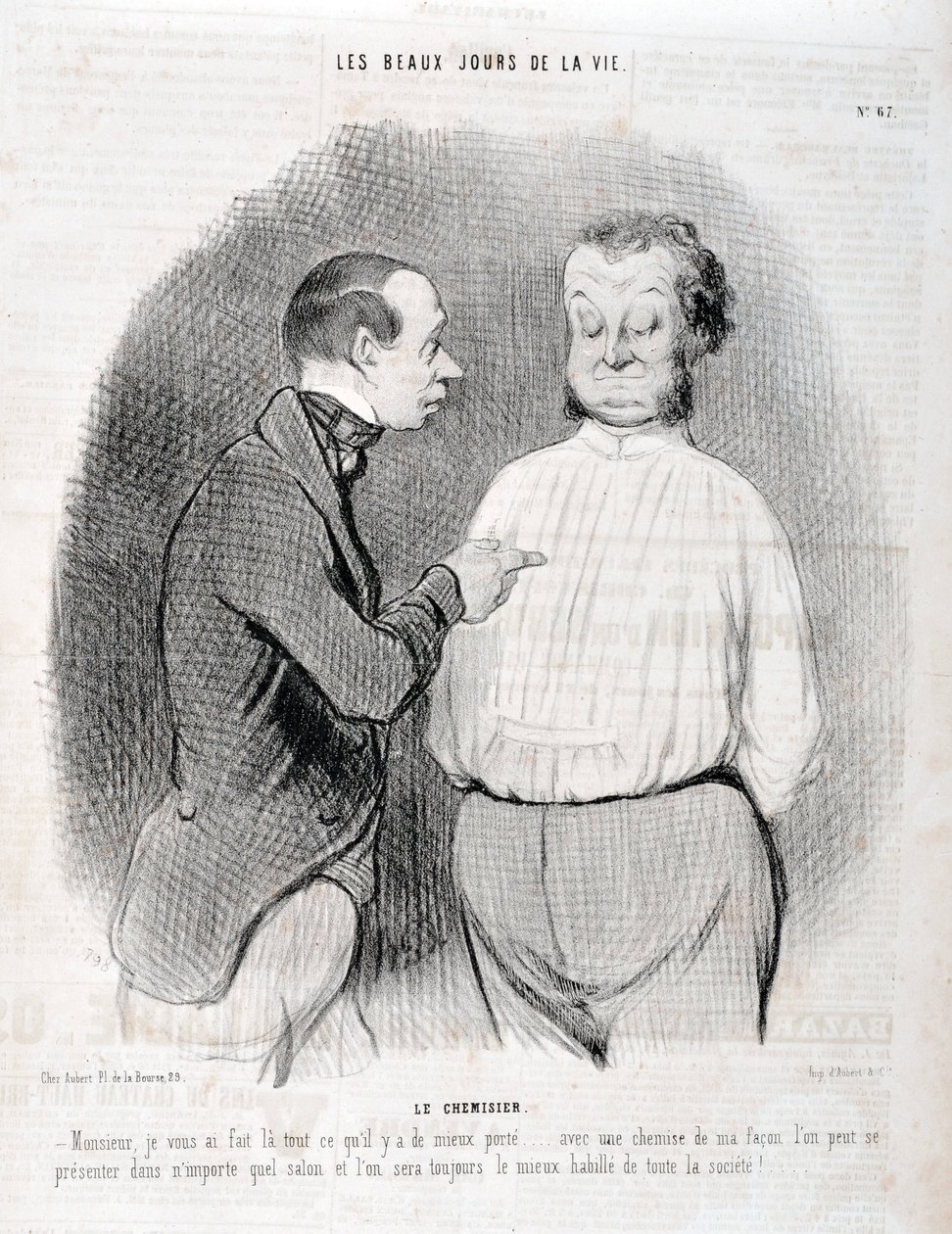 عمل فني من قبل هونور دومير (1808-1879). يعود تاريخ Charivari إلى عام 1845: Serie LES BEAUX DAYS DE LA VIE. البلوزة "" - سيدي ، لقد جعلت لك ارتداء أفضل ... مع قميص بطريقتي يمكنك تقديم نفسك في أي غرفة جلوس وسنكون دائمًا الأفضل أنا بواسطة الشرف دومييه