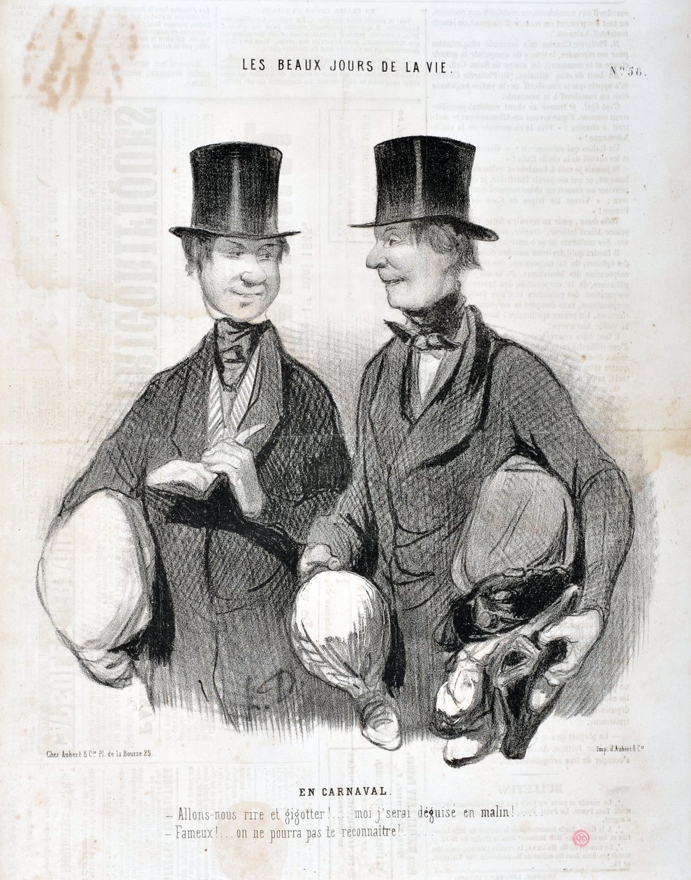 عمل فني من قبل هونور دومير (1808-1879). يعود تاريخ Charivari إلى عام 1845: Serie LES BEAUX DAYS DE LA VIE. في الكرنفال "" - دعونا نضحك و gigotte! سأصاب بخيبة أمل لأنني ذكية! مشهور! لا يمكننا التعرف عليك ... "متحف الفنون الجميلة - قصر لونغ تش بواسطة الشرف دومييه