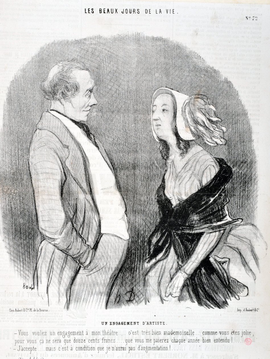 عمل فني من قبل هونور دومير (1808-1879). يعود تاريخ Charivari إلى عام 1845: Serie LES BEAUX DAYS DE LA VIE. التزام فنان "تريد التزاما بمسرحتي ... إنها ملكة جمال جيدة جدا ... كم أنت جميلة بالنسبة لك ، سيكون فقط 1200 فرنك ... بواسطة الشرف دومييه