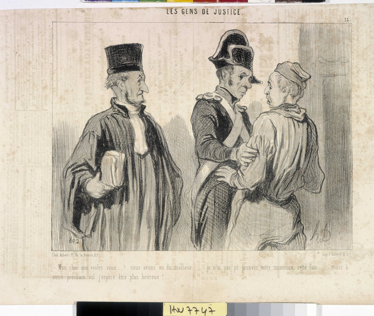 عمل فني من قبل هونور دومير (1808-1879). يعود تاريخ Charivari إلى عام 1845: Serie LES PEANS DE JUSTICE. "" - عزيزي ماذا تريد ... لقد تعرضنا لسوء الحظ ... لم أستطع إثبات براءتك هذه المرة ... لكن رحلتك القادمة أتمنى أن تكون أكثر سعادة. ""  بواسطة الشرف دومييه
