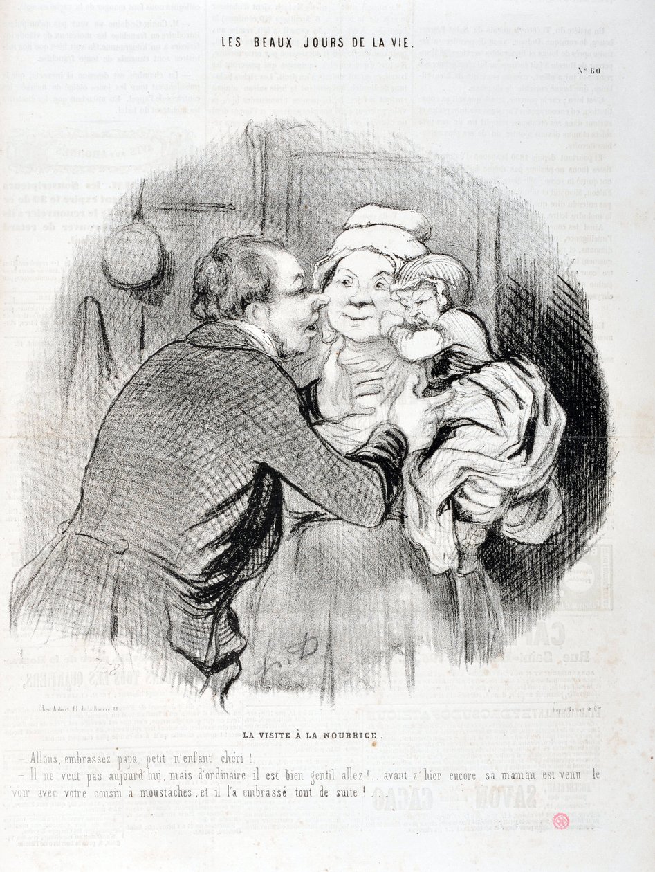 عمل فني من قبل هونور دومير (1808-1879). يعود تاريخ Charivari إلى عام 1848: Serie Les beaux jours de la vie. زيارة الممرضة - دعنا نقبّل أبي طفل صغير حبيبي - إنه لا يريد اليوم ولكن عادة ... "متحف الفنون الجميلة - قصر لونج تشامب ، مارسيليا بواسطة الشرف دومييه