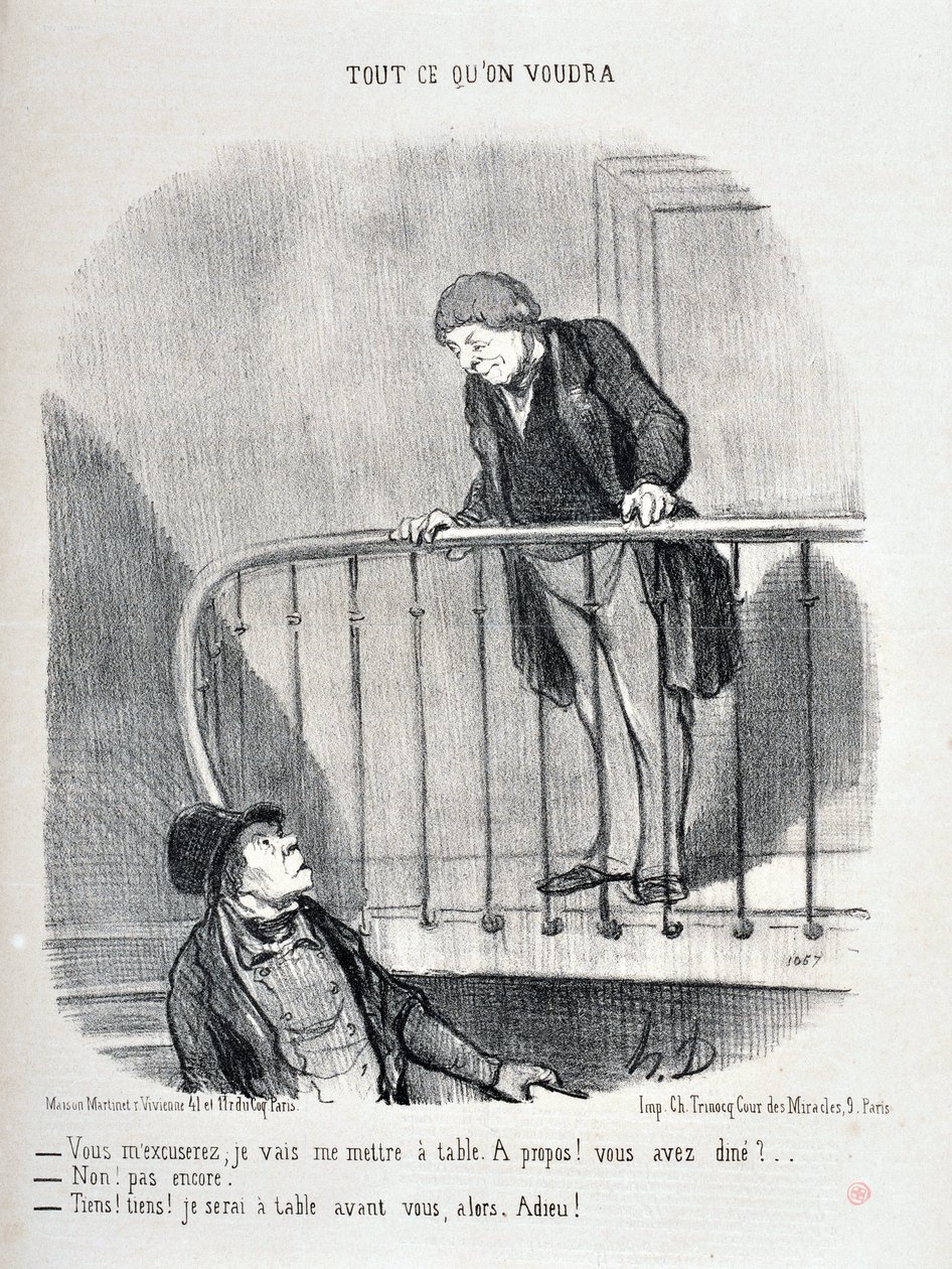عمل فني من قبل هونور دومير (1808-1879). يعود تاريخ Charivari إلى عام 1853: الدوري الإيطالي كل ما ستفعله "ستعذروني ، سأجلس على الطاولة. حوله! هل تناولت الطعام؟ - لا ليس بعد. "حسنًا ، حسنًا ، سأكون على الطاولة أمامك" "MUSEE DES BEAUTS ART بواسطة الشرف دومييه