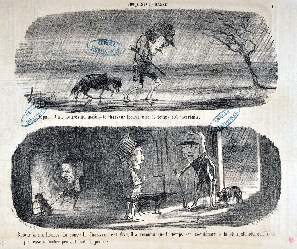 العمل الفني لـ Honore Daumier (1808-1879) يعود تاريخ Charivari إلى عام 1853: Serie Sketches de Chasse "" Depart Five heures du matin ، - وجد le chasseur أن الطقس غير مؤكد "" "" "العودة إلى الساعة السادسة مساءً ، - الصياد  بواسطة الشرف دومييه