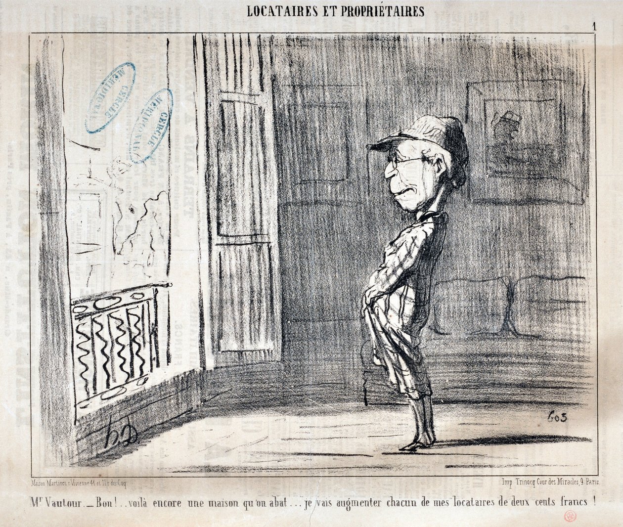 العمل الفني لـ Honore Daumier (1808-1879) يعود تاريخ Charivari إلى عام 1854: Serie TENNIQUES ET OWNIRES "" السيد Vautour - Bon! ... هذا منزل آخر يتم إسقاطه ... سأزيد كل مستأجرين بمقدار 200 فرنك! " متحف الفنون الجميلة - قصر لونج تشامب ، بواسطة الشرف دومييه