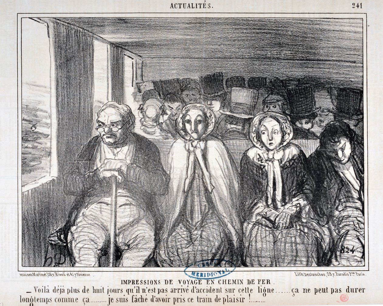 العمل الفني من قبل Honore Daumier (1808-1879) يعود تاريخ Charivari إلى عام 1855: Serie Actualites de voyage en railroad "" - هناك أكثر من ثمانية أيام لم يقع فيها حادث على هذا الخط ... لا يمكن أن يستمر طويلاً مثل ذلك. .. أنا آسف لركوب هذا القطار بواسطة الشرف دومييه