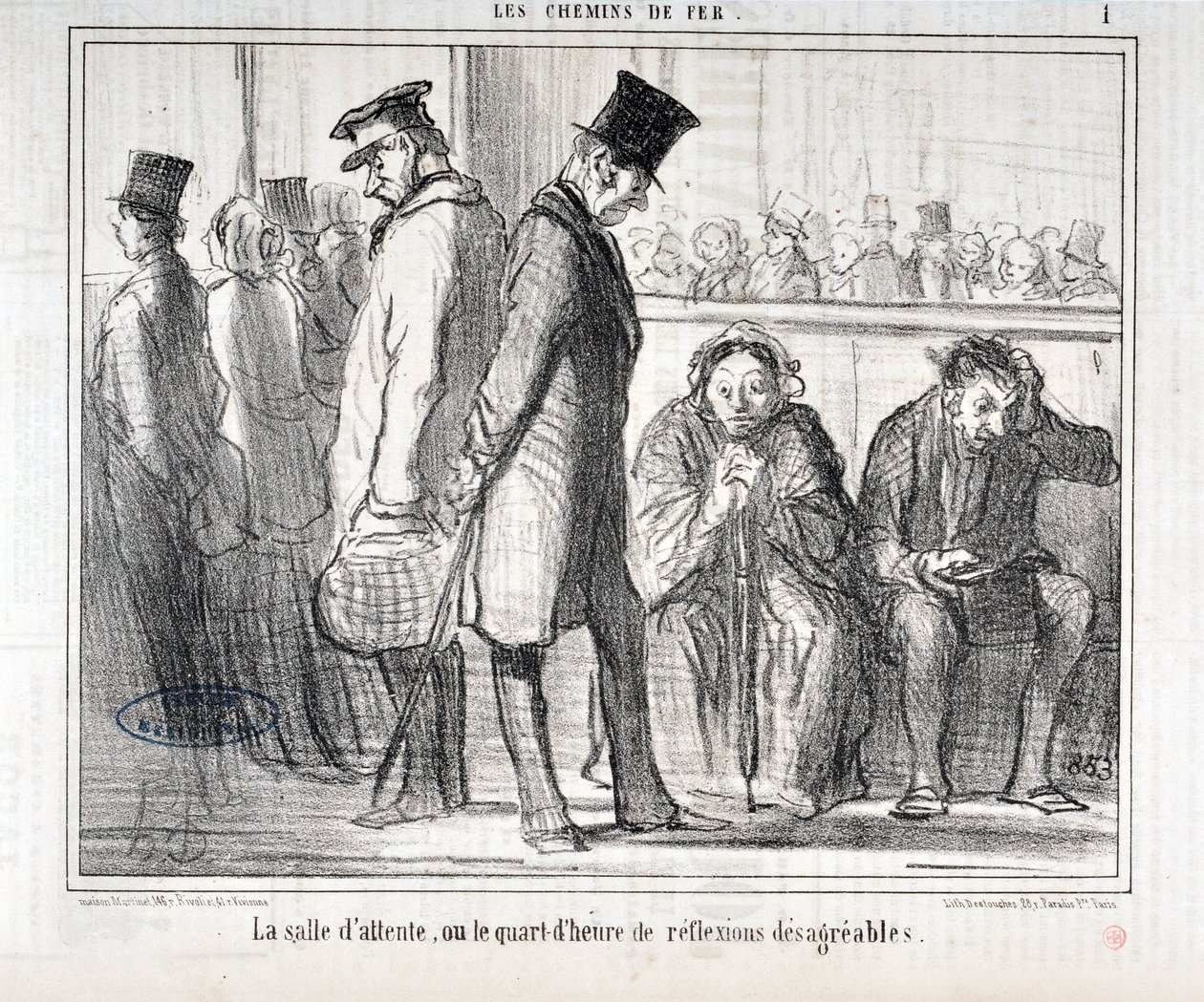 عمل فني من قبل هونور دومير (1808-1879). يعود تاريخ Charivari إلى عام 1855: Serie LES Chemins de fer "" غرفة الانتظار أو ربع ساعة من الانعكاسات البغيضة "" MUSEE DES BEAUX ARTS - PALAIS LONGCHAMP، MARSEILLE بواسطة الشرف دومييه