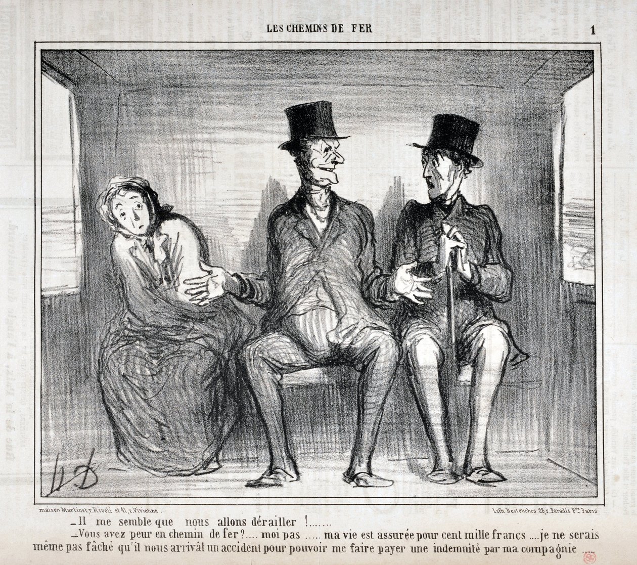 عمل فني من قبل هونور دومير (1808-1879). يعود تاريخ Charivari إلى عام 1857: Serie LES RAILWAYS "" يبدو لي أننا سنخرج عن مساره! ... هل أنت خائف على السكة الحديد؟ ... لست ... حياتي مؤمنة بمئة ألف فرنك ... أنا لا تريد حتى أن تقلق ال بواسطة الشرف دومييه
