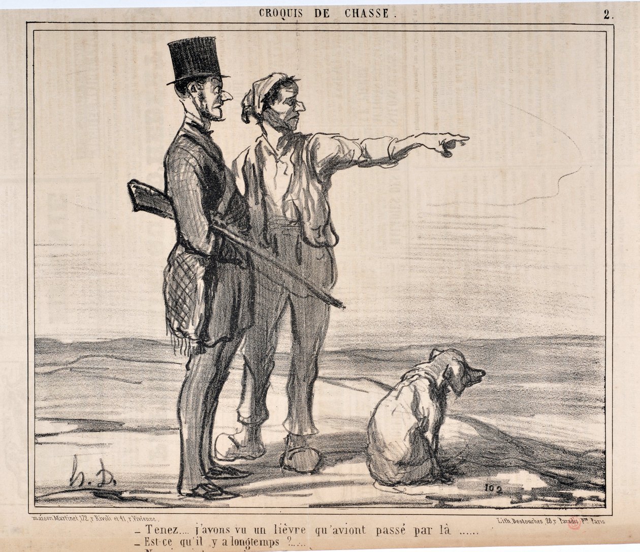 عمل فني من قبل Honore Daumier (1808-1879) يعود تاريخ Charivari إلى عام 1857: سلسلة رسومات الصيد "" Hold ... رأيت حصادًا على متن الطائرة ... - هل هذا وقت طويل؟ ... "متحف الغرامة الفنون - قصر لونغ تشامب ، مرسيل بواسطة الشرف دومييه
