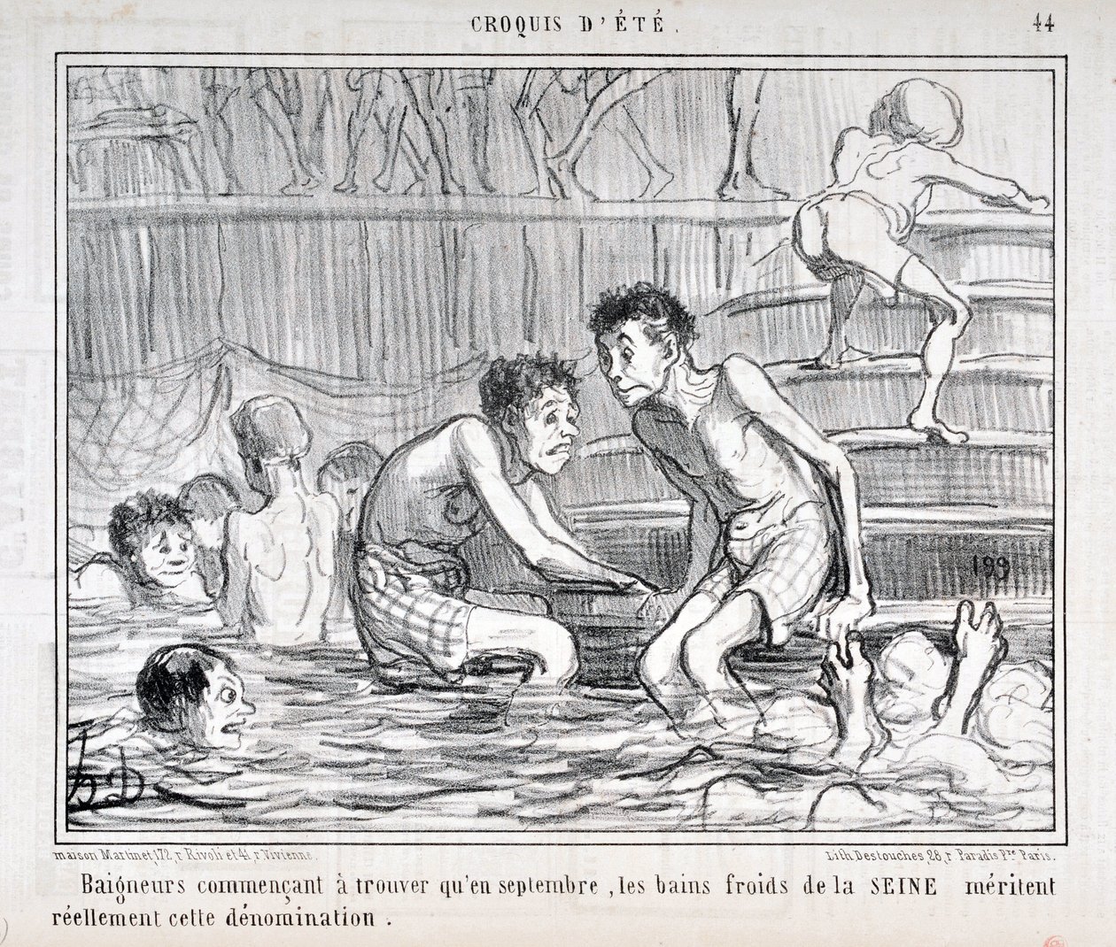 العمل الفني من قبل Honore Daumier (1808-1879) يعود تاريخ Charivari إلى عام 1858: بدأت Serie CRUQUIS D'ETE "" Baigneurs في العثور على أنه في سبتمبر ، كانت الحمامات الباردة في SEINE تستحق هذه التسمية "" "MUSEE DES BEAUX ARTS - PA بواسطة الشرف دومييه