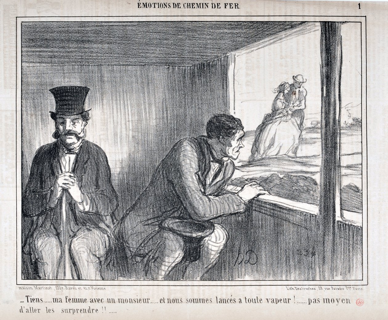 عمل فني من قبل Honore Daumier (1808-1879) يعود تاريخ Charivari إلى عام 1858: Serie Emotion EN Chemin de fer - "هنا ... زوجتي مع رجل ... ونحن على قدم وساق! ... لهم !! ... "متحف الفنون الجميلة - قصر لونغ تشامب ، المريخ بواسطة الشرف دومييه