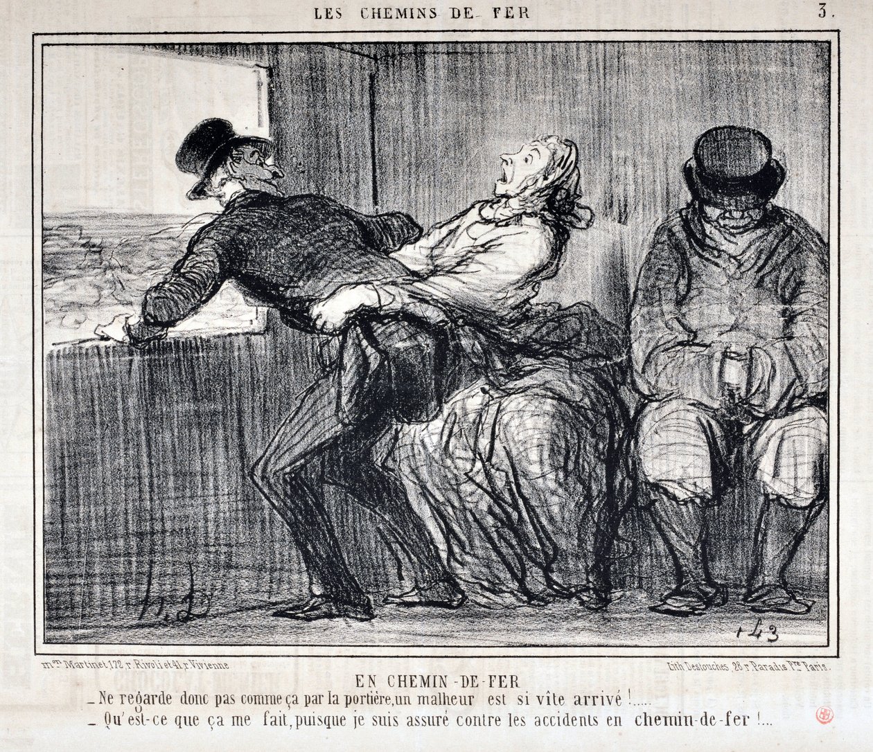 عمل فني من قبل هونور دومير (1808-1879). يعود تاريخ Charivari إلى عام 1858: Serie LES RAILWAYS By Railroad "" - لذا لا تبدو هكذا من خلال الباب ، فالمصيبة قادمة بسرعة كبيرة! ... "ما الذي يهمني ، لأنني مؤمن ضد الحوادث على railwa بواسطة الشرف دومييه