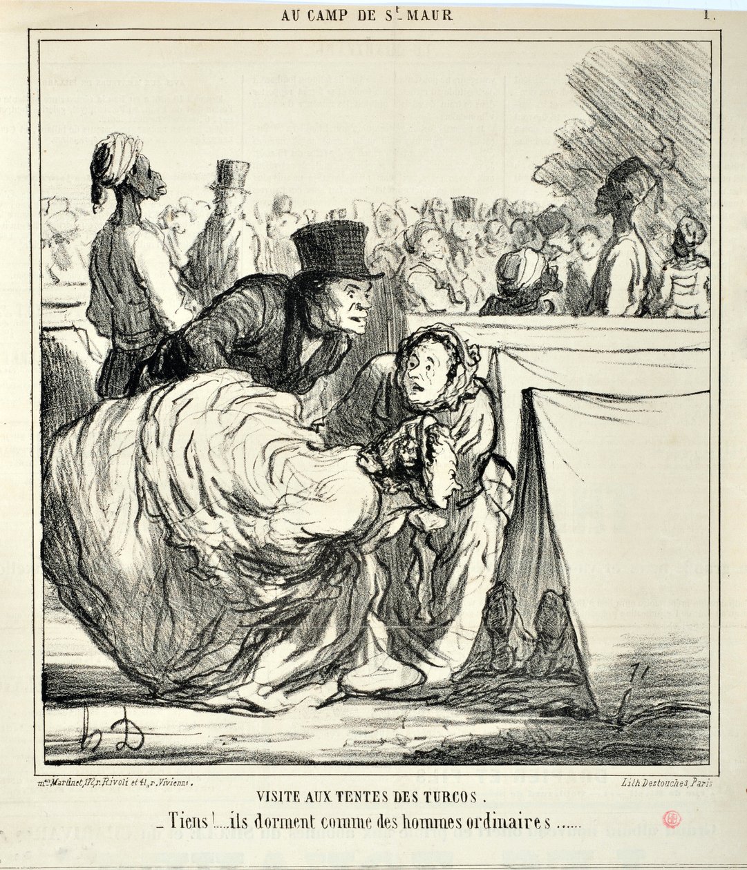 العمل الفني لـ Honore Daumier (1808-1879) يعود تاريخ Charivari إلى عام 1859: Serie AU CAMP DE SAINT MAUR زيارة إلى خيام Turcos. "" هنا! ... ينامون مثل الرجال العاديين ... "متحف الفنون الجميلة - قصر لونغ تشامب ، مارسيلي بواسطة الشرف دومييه
