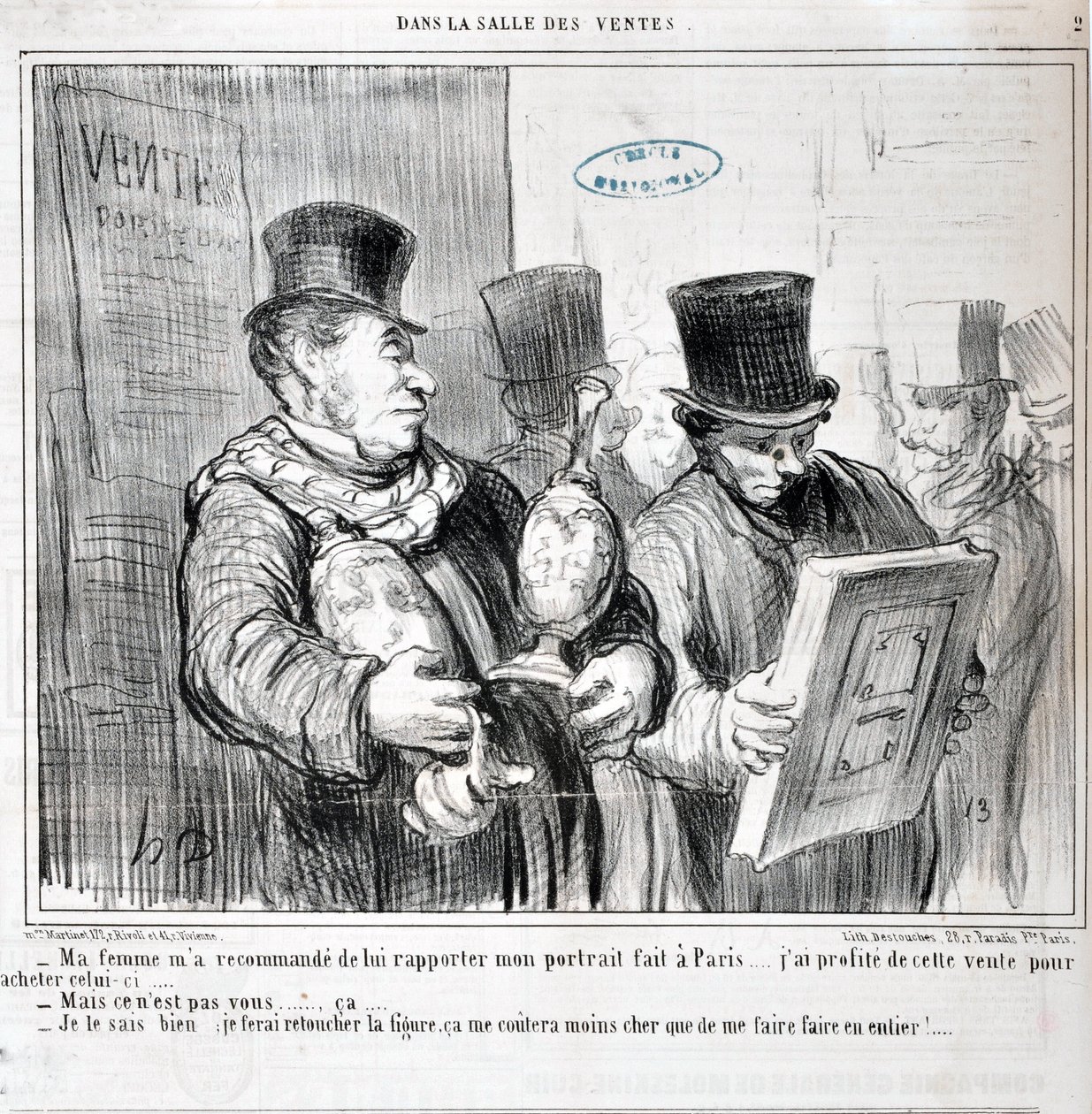 عمل فني من قبل هونور دومير (1808-1879). يعود تاريخ Charivari إلى عام 1859: Serie IN THE SALE "" - نصحتني زوجتي بإحضار صورتي المصنوعة في باريس ... لقد استفدت من هذا البيع لشراء هذه ... - لكن ليس أنت ... ca. .. - أنا أعلم أنني سأجعل ر بواسطة الشرف دومييه