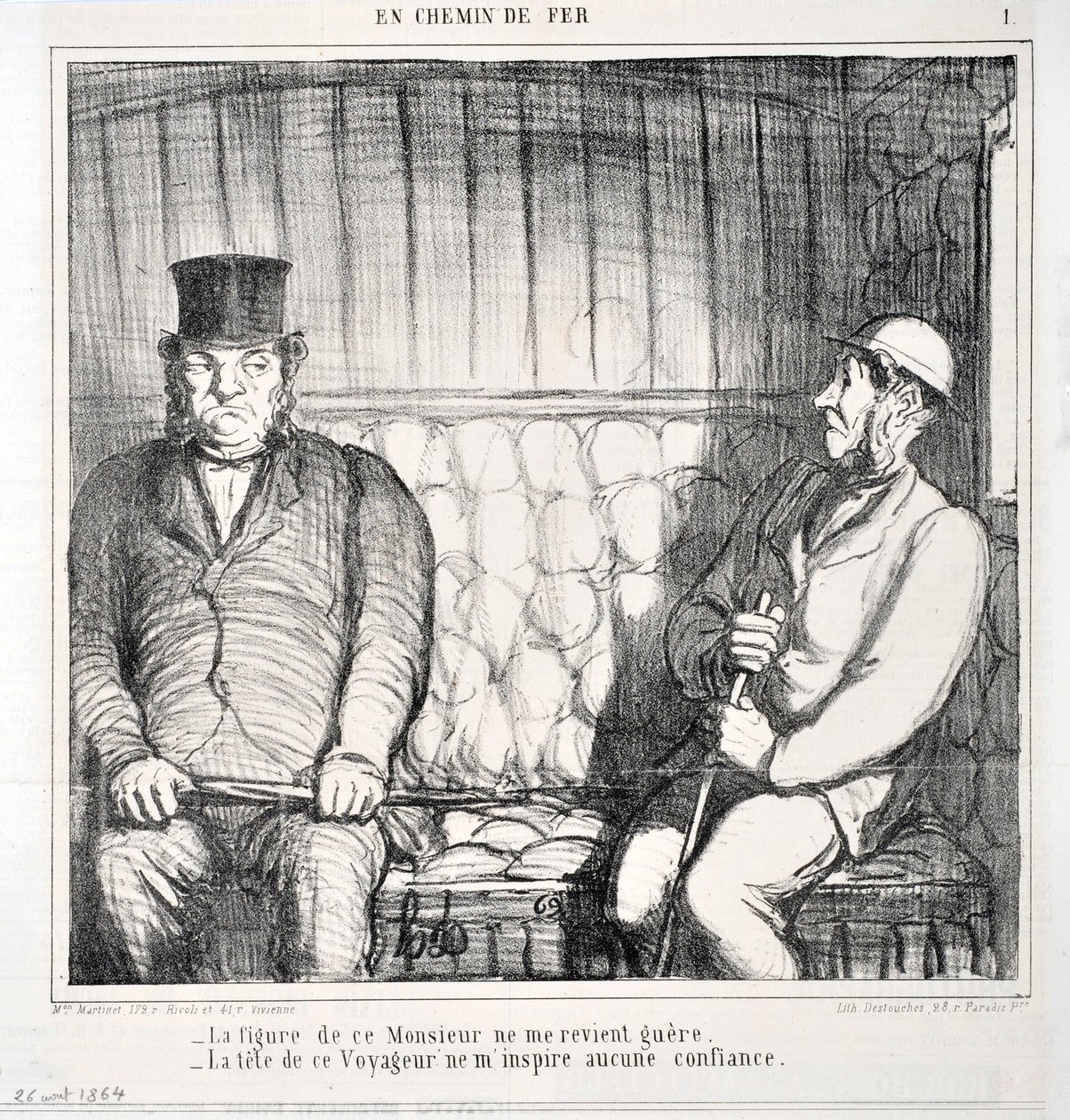 عمل فني من قبل هونور دومير (1808-1879). يعود تاريخ Charivari إلى عام 1864: Serie LES CHAINS DE RAILWAY "" - شخصية هذا الرجل المحترم لا تعود إلي. - رئيس هذا المسافر يلهمني بعدم الثقة "" MUSEE DES BEAUX ARTS - PALAIS LONGCHAMP ، MARSE بواسطة الشرف دومييه