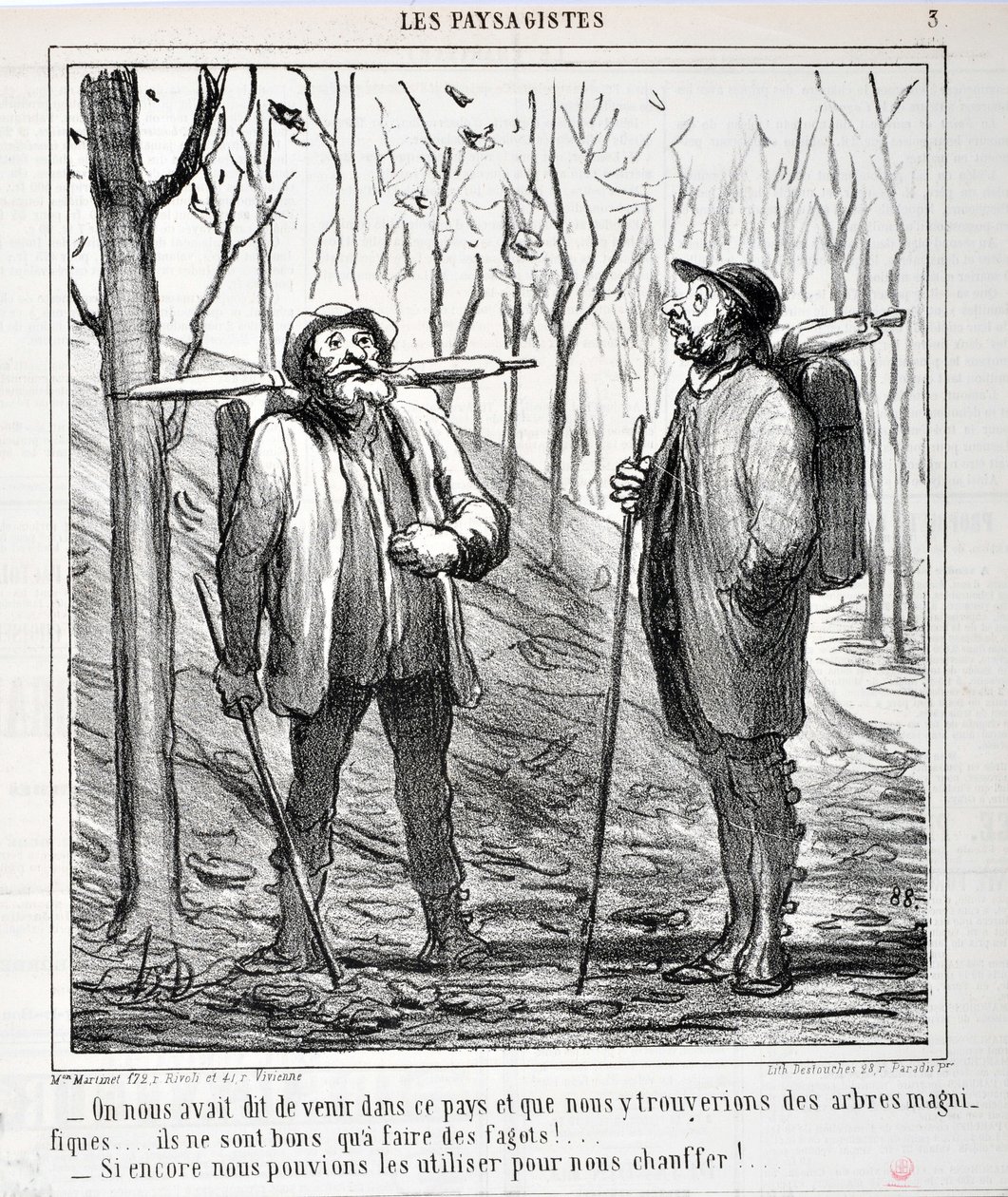 عمل فني من قبل هونور دومير (1808-1879). يعود تاريخ Charivari إلى عام 1864: Serie LES LANDSAGISTS "" - قيل لنا أن نأتي إلى هذا البلد وأننا سنجد أشجارًا جميلة ... إنها جيدة لصنع شاذين! ... "إذا كان بإمكاننا استخدامها لتدفئتنا !. .. ”متحف FIN بواسطة الشرف دومييه
