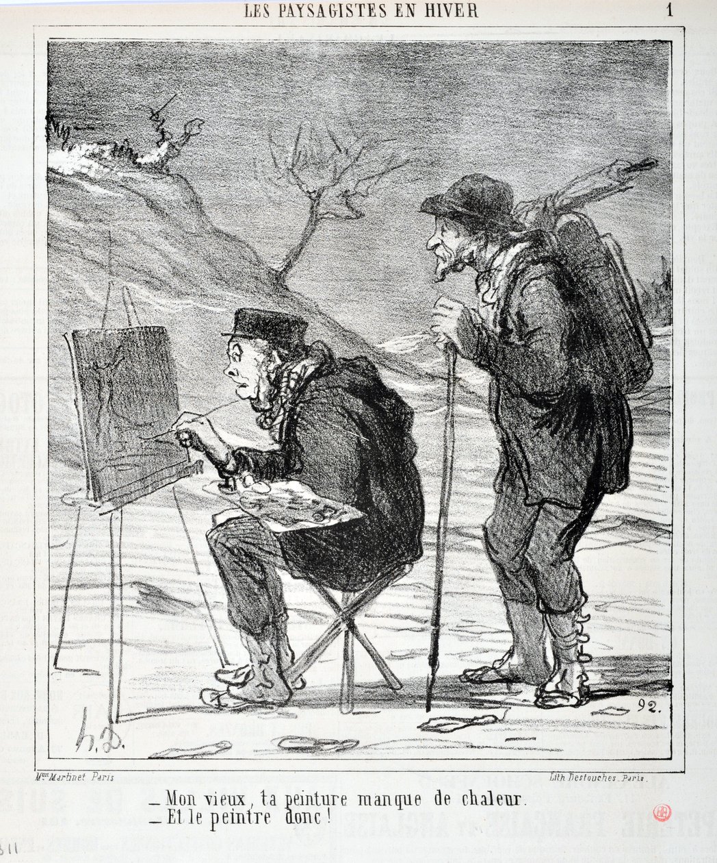 عمل فني من قبل هونور دومير (1808-1879). يعود تاريخ Charivari إلى عام 1864: Serie LES LANDSAGISTS في الشتاء "" - رجلي العجوز ، لوحتك تفتقر إلى الحرارة - والرسام كذلك! "" متحف الفنون الجميلة - قصر لونغ تشامب ، مارسيلي بواسطة الشرف دومييه
