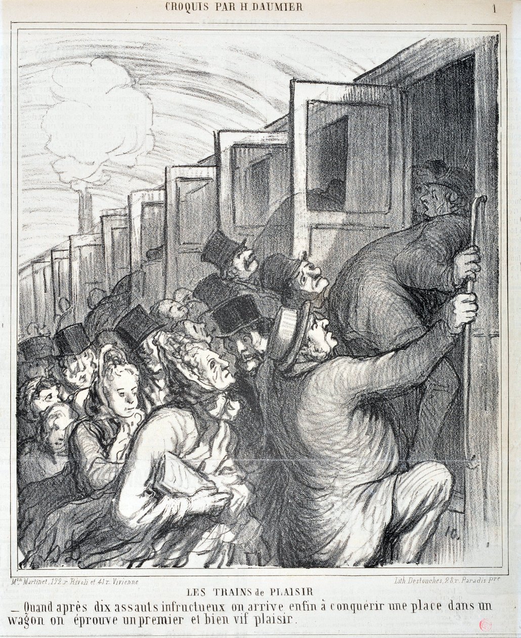 عمل فني من قبل هونور دومير (1808-1879). يعود تاريخ Charivari إلى عام 1864: Serie Sketch Les trains de plaisir "" - عندما وصلنا أخيرًا بعد عشر هجمات فاشلة إلى احتلال مكان في عربة ، نشعر بالمتعة الأولى والحيوية للغاية "" MUSEE DES BEAUX A بواسطة الشرف دومييه