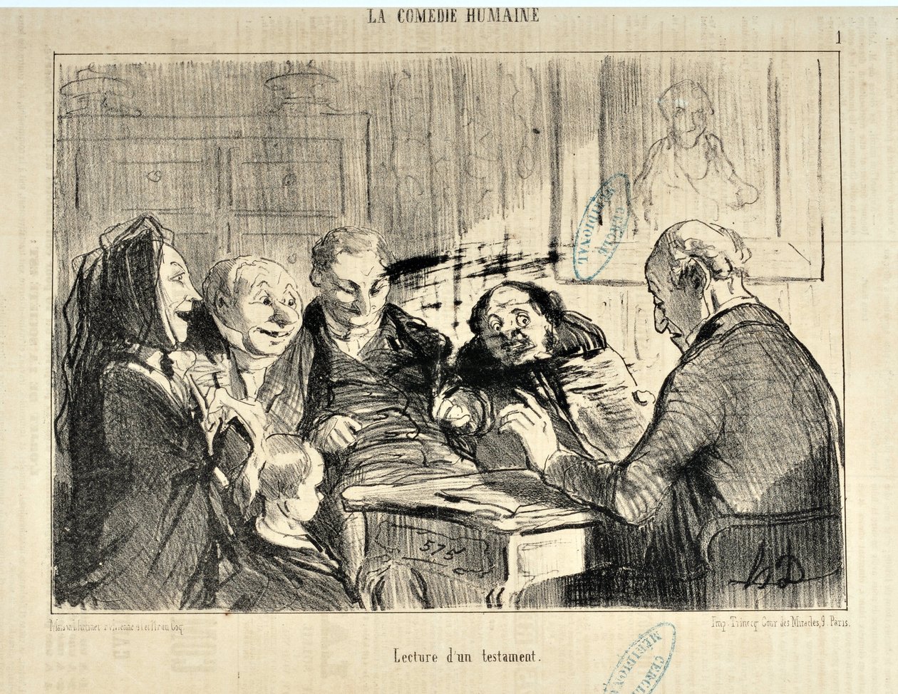 عمل فني من قبل هونور دومير (1808-1879). في "" Le Charivari "بتاريخ 20 ديسمبر 1853: Serie LA COMEDIE HUMAN" "قراءة وصية" "متحف الفنون الجميلة - PALAIS LONGCHAMP ، مرسيل بواسطة الشرف دومييه