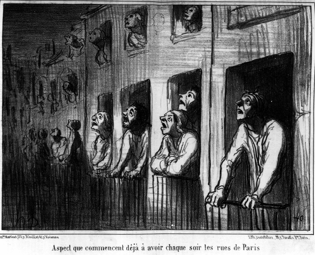 الجانب الذي بدأت فيه شوارع باريس بالفعل كل ليلة ، رسم كاريكاتوري عن كوميت عام 1857 بواسطة هونور دومير (1808-1879). "Charivari" بواسطة الشرف دومييه