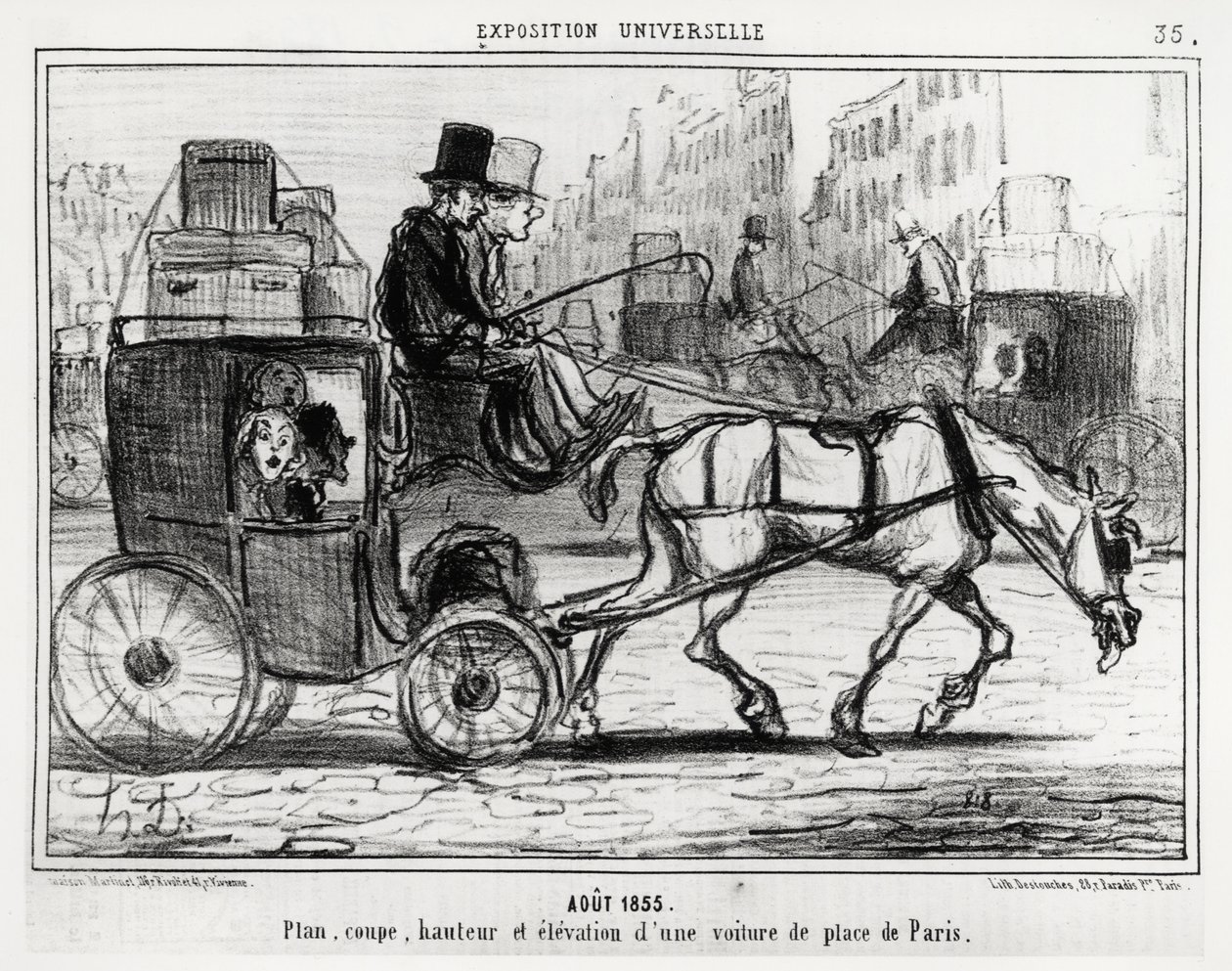 أغسطس 1855 ، معرض عالمي: التخطيط والقطع والارتفاع والارتفاع لسيارة باريس. رسم توضيحي من قبل Honore Daumier (1808-1879) ، نُشر في الأخبار ، "Charivari" ، بتاريخ 4 سبتمبر بواسطة الشرف دومييه
