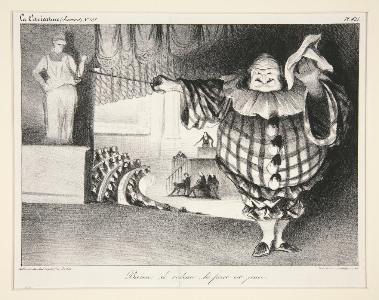 Baissez le Rideau، la farce est jou؟ e. (اخفض الستارة ، انتهت المهزلة) ، رر. 421 من مجلة La Caricature no. 201 بواسطة الشرف دومييه