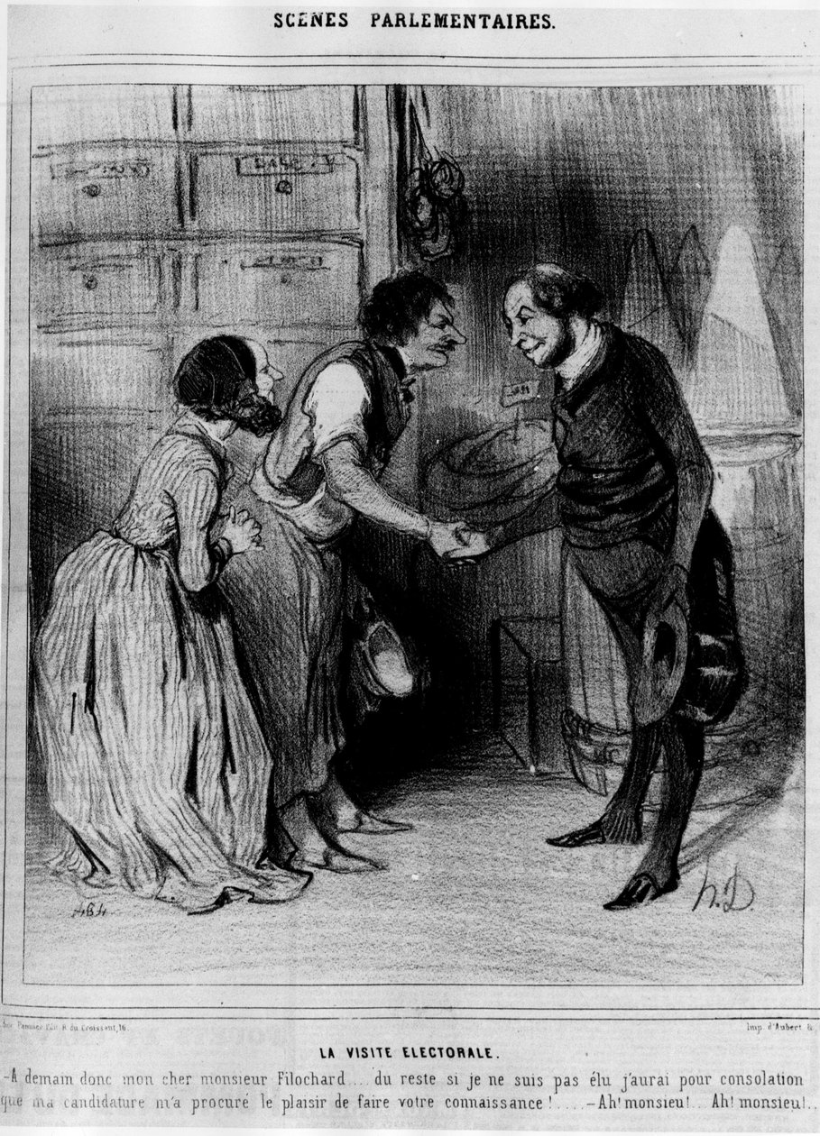 المرشح للزيارة الانتخابية للتجار: "La visite électorale" "- رسم كاريكاتوري لـ Daumier في" "Charivari" بتاريخ 1844/8/04 بواسطة الشرف دومييه
