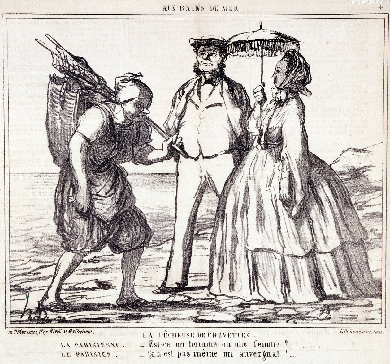 كارتون عن السياح الباريسيين في إجازة. سلسلة "" Ax Bains de Mer ":" "صيد الروبيان ..." نقش بواسطة Honore DAUMIER (1808-1879). مقتطف من جريدة "Le Charivari" في 5 سبتمبر بواسطة الشرف دومييه