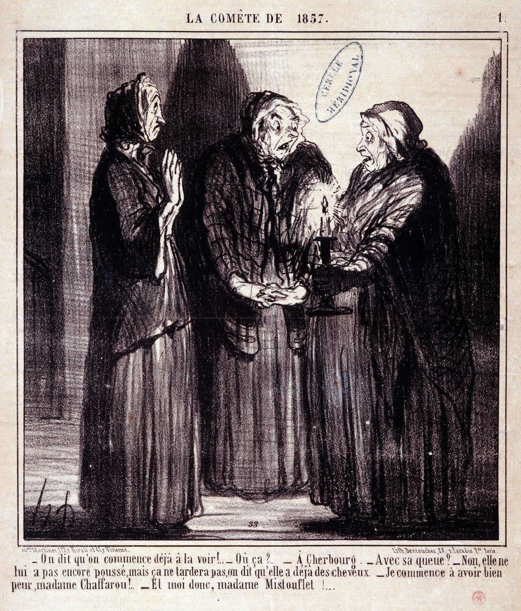 كارتون عن العلوم. Serie Sur "" كوميت عام 1857 ":" "يقولون إننا بدأنا بالفعل في رؤيتها! ..." نقش بواسطة Honore DAUMIER (1808-1879). مقتطف من جريدة "Le Charivari" في 7 مارس بواسطة الشرف دومييه
