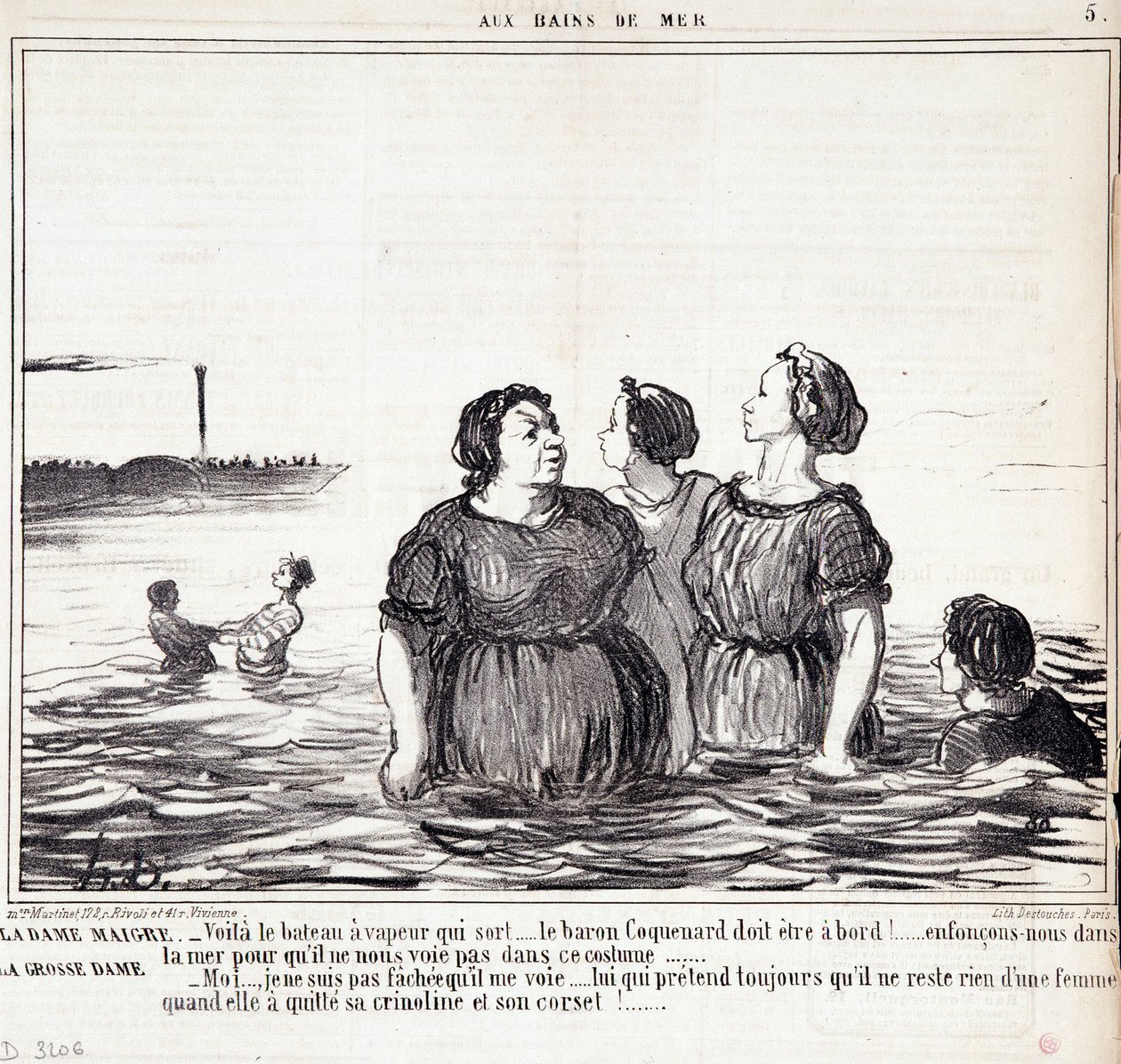 كارتون عن المظاهر والموضة. سلسلة "" Les Bains de Mer "": "" السيدة النحيفة (...) ، السيدة البدينة (...) "نقش بواسطة Honore DAUMIER (1808-1879). مقتطف من جريدة "Le Charivari" في 16 سبتمبر بواسطة الشرف دومييه