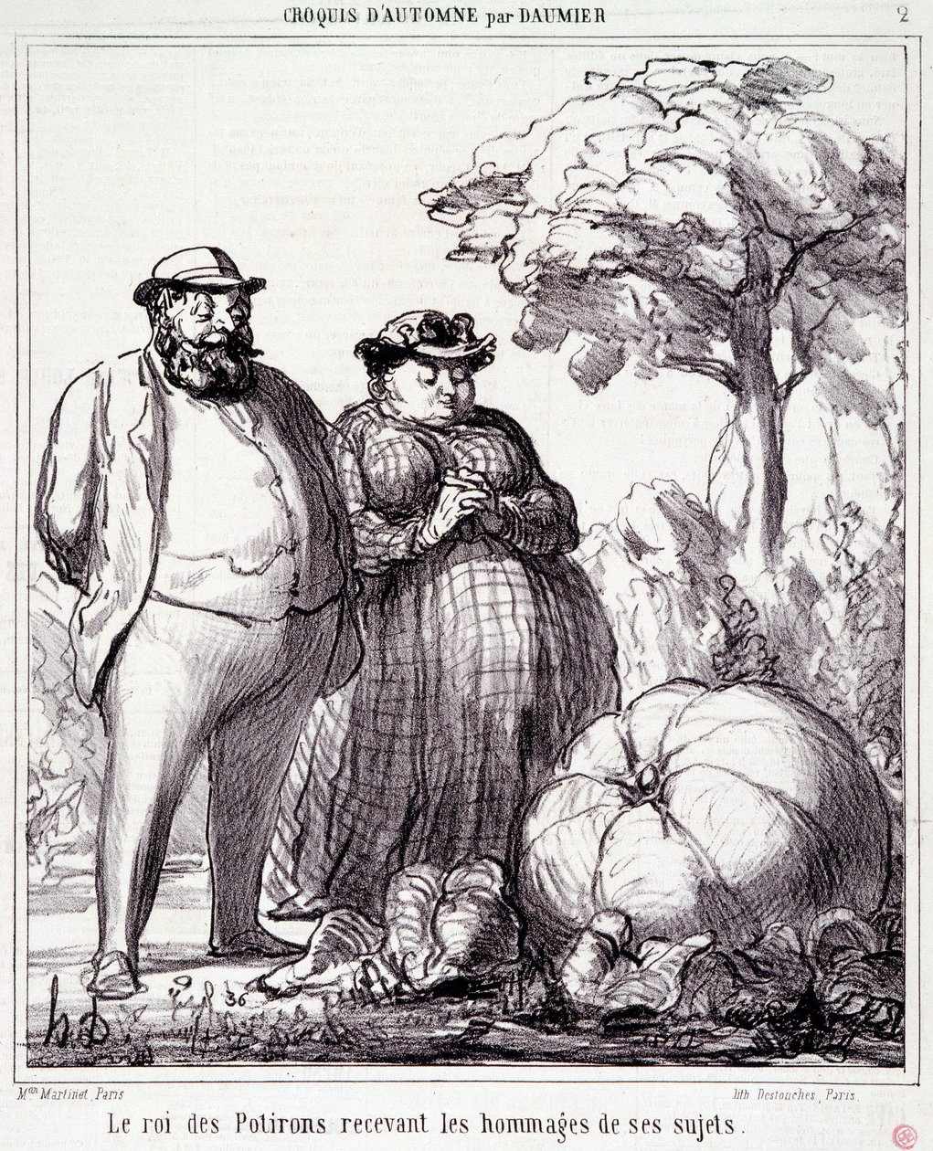 كارتون عن البستنة. Serie "" Autumn Sketch "": "" ملك القرع يتلقى التحية من رعاياه "". نقش هونور داوميير (1808-1879). مقتطف من جريدة "Le Charivari" في 23 سبتمبر بواسطة الشرف دومييه