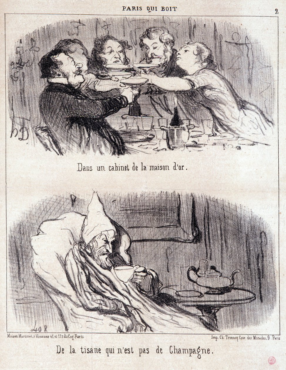 كارتون عن إساءة تذوق الطعام. Serie "" Paris Qui Drinks ":" "في خزانة من House d'or. شاي أعشاب ليس شمبانيا ". نقش هونور داوميير (1808-1879). مقتطف من جريدة "Le Charivari" في 4 يونيو بواسطة الشرف دومييه