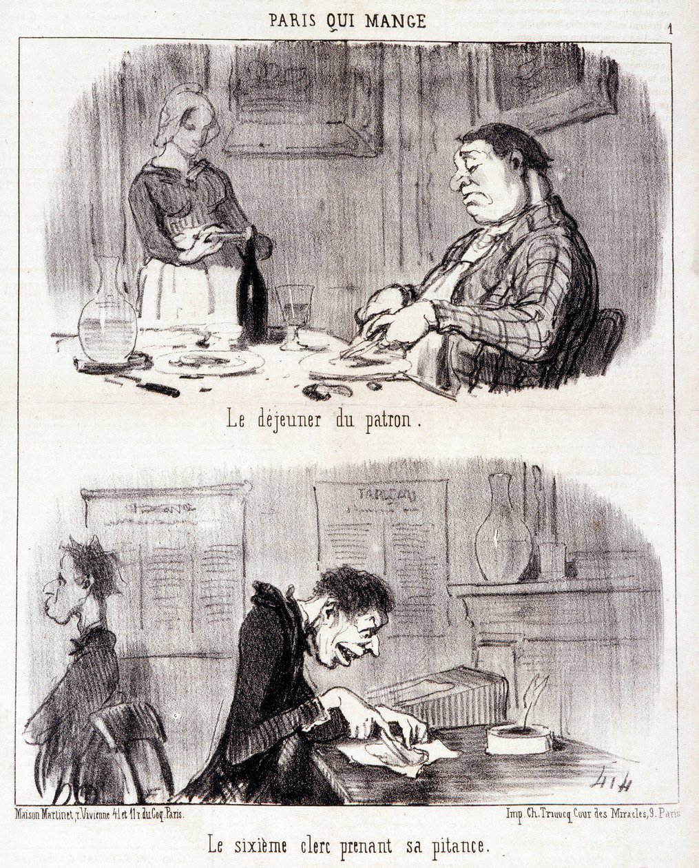 كارتون عن إساءة تذوق الطعام. Serie "" Paris qui mange "": إفطار الرئيس. الكاتب السادس يأخذ شفقته. نقش هونور داوميير (1808-1879). مقتطف من جريدة "لو شريفاري" في 26 حزيران / يونيو بواسطة الشرف دومييه