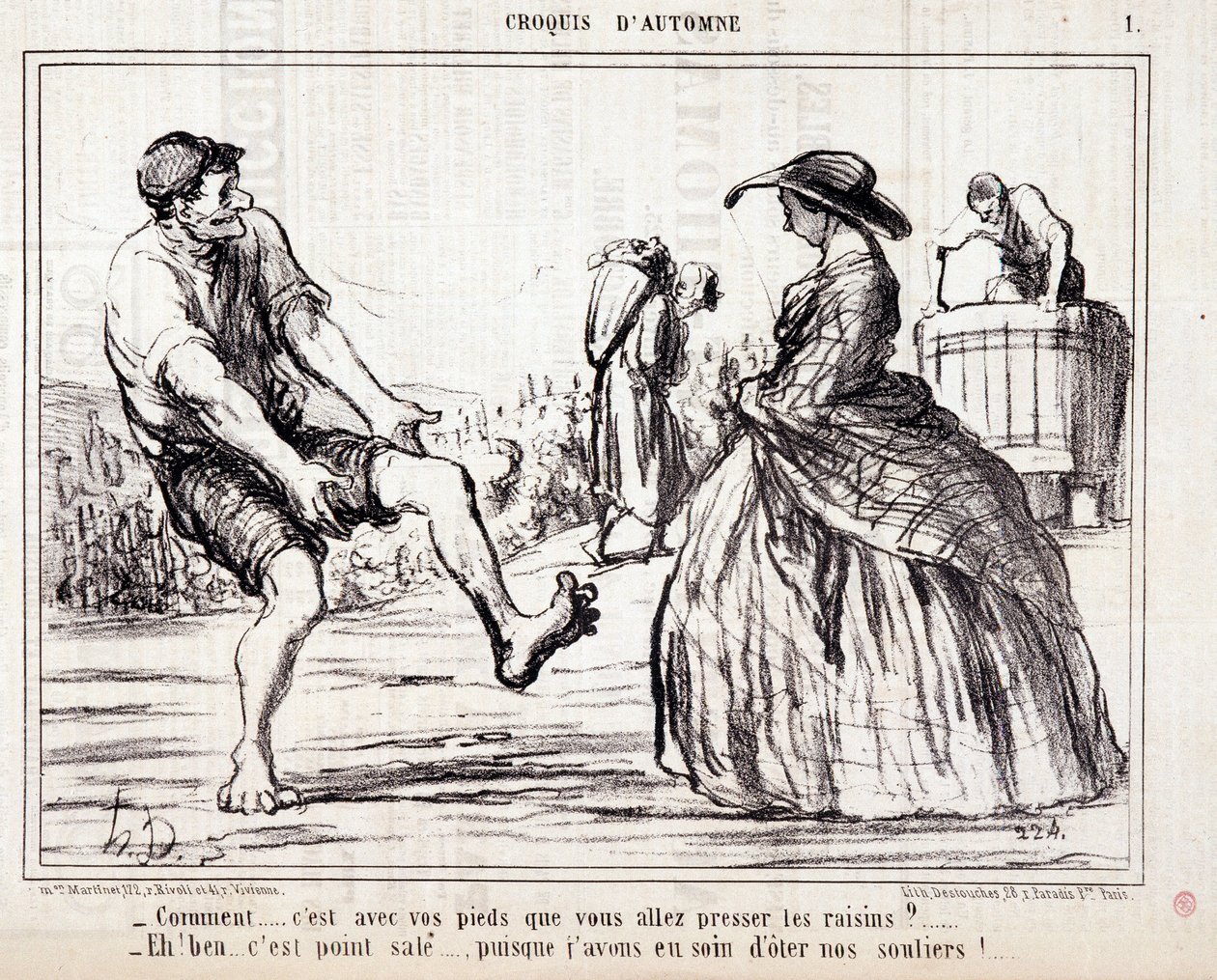 رسم كاريكتوري عن الحاصدين يدوسون على عنب حافي القدمين. Serie "" Autumn Sketch ":" "كيف ... هل ستعصر العنب بقدميك؟ ... "نقش بواسطة Honore DAUMIER (1808-1879). مقتطف من جريدة "Le Charivari" " بواسطة الشرف دومييه