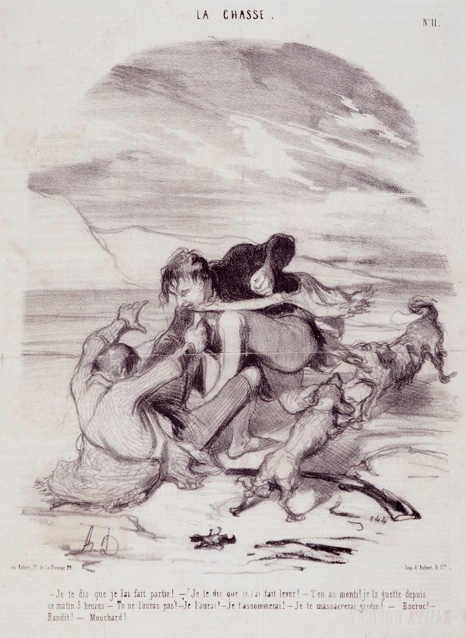 كارتون عن الصيادين. سلسلة "" أيام الحياة الجميلة - الصيد ":" "أقول لك إنني تركته يغادر ..." نقش بقلم Honore DAUMIER (1808-1879). مقتطف من جريدة "Le Charivari" في 10 كانون الثاني (يناير) بواسطة الشرف دومييه