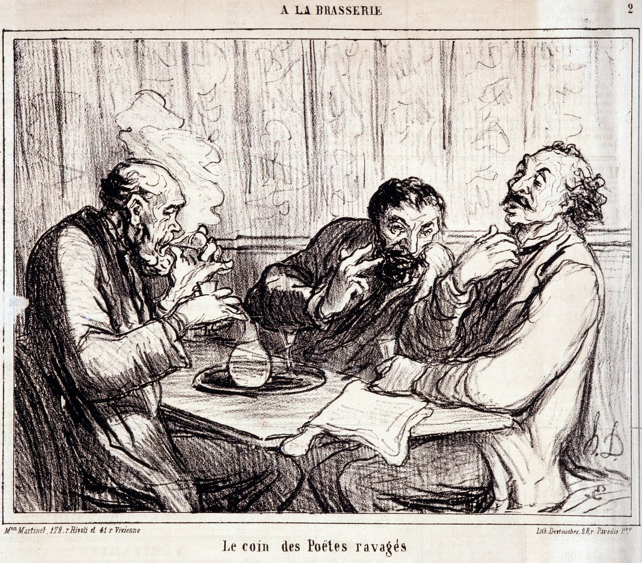 كارتون عن كتاب القصائد. سلسلة “” A la brasserie ””: “” ركن الشعراء المنكوبين ”“ ”. نقش هونور داوميير (1808-1879). مقتطف من جريدة "لو شريفاري" بتاريخ 7 كانون الثاني (يناير) بواسطة الشرف دومييه