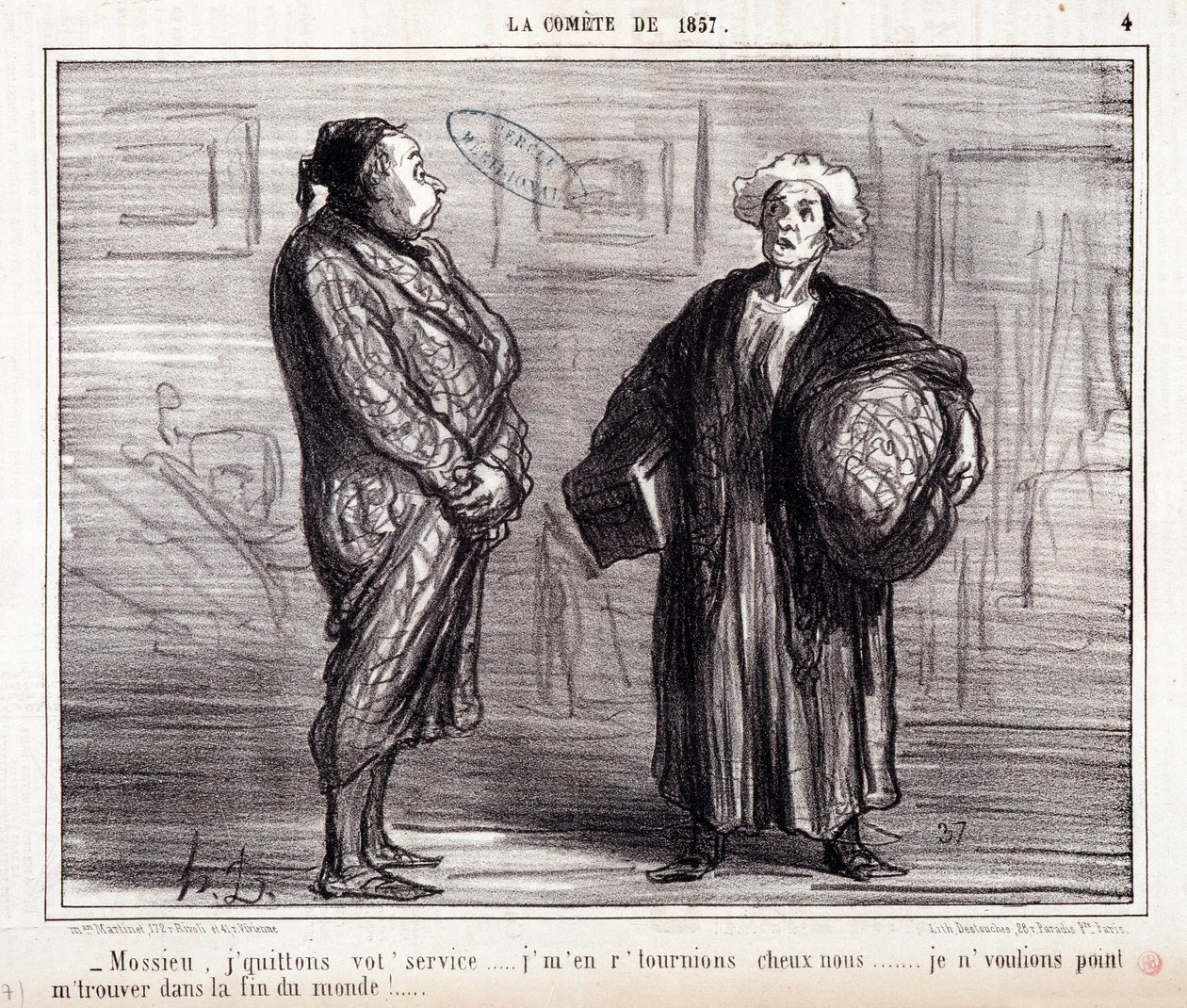 Cartoon about science. Serie “” On the Comete of 1857””: “” Mossieu, I leave your service...”” Engraving by Honore DAUMIER (1808-1879). Extract from the newspaper “” Le Charivari”” on March 13 بواسطة الشرف دومييه