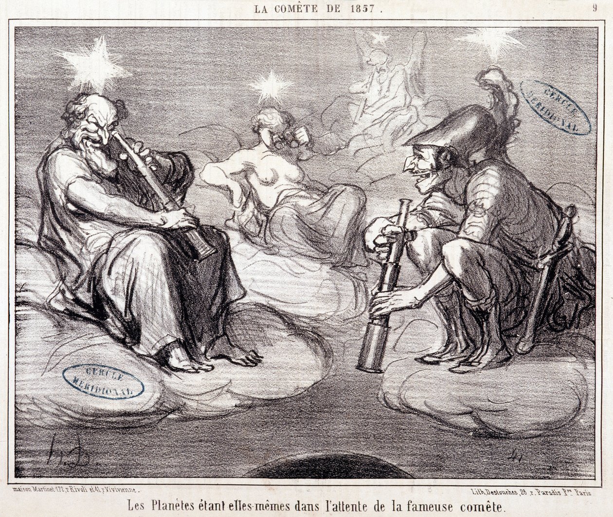 كارتون عن العلم. Serie Sur "" Comete of 1857 "": "" الكواكب نفسها تنتظر المذنب الشهير "" ". نقش بواسطة Honore DAUMIER (1808-1879) ، 25 مارس بواسطة الشرف دومييه