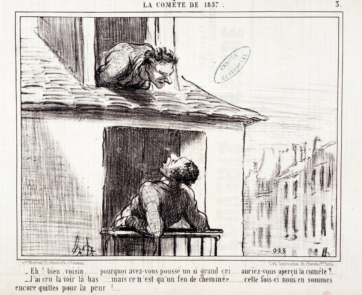 كارتون عن العلم. Serie Sur "" The Comete of 1857 "": "" حسن الجار ... لماذا صرخة عظيمة ... "نقش بواسطة Honore DAUMIER (1808-1879). مقتطف من جريدة "Le Charivari" في 11 مارس بواسطة الشرف دومييه