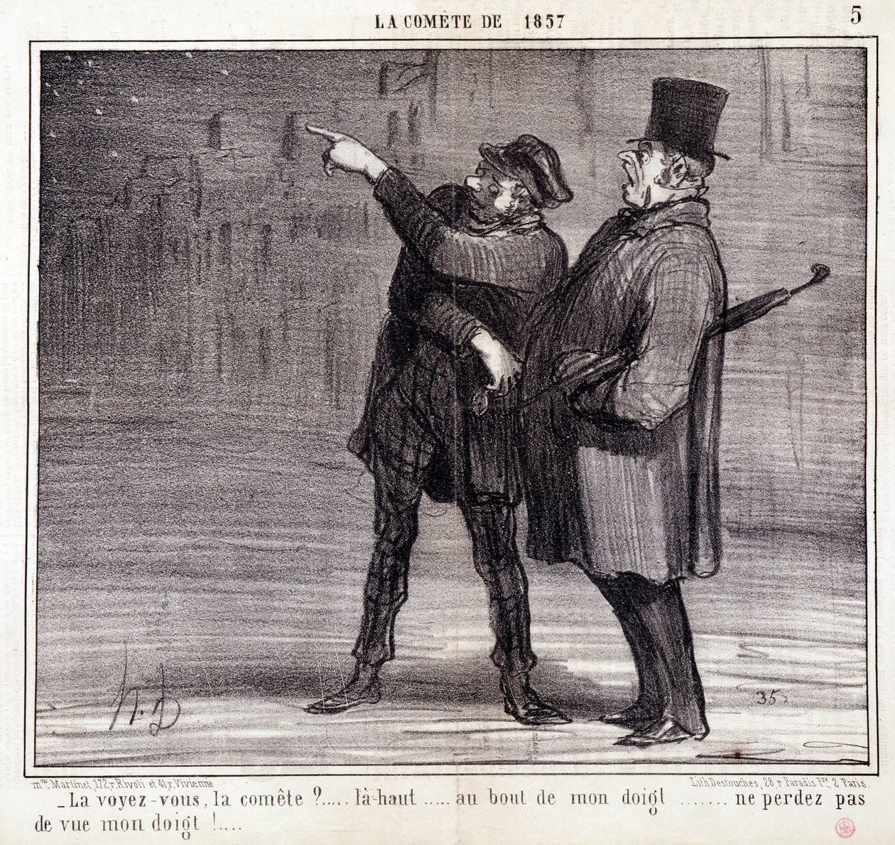 كارتون عن العلم. سلسلة "" كوميت عام 1857 ":" "هل ترى اللجنة؟ ..." لص يصرف انتباه ضحيته. نقش هونور داوميير (1808-1879). مقتطف من جريدة "Le Charivari" 19 آذار / مارس بواسطة الشرف دومييه